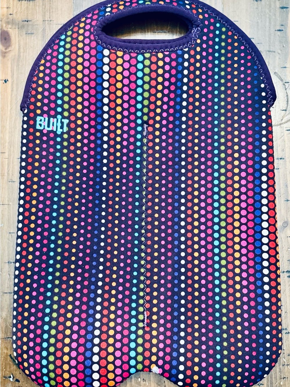 BUILT Multicolor Dot Neoprene Double Wine Bottle Tote - Black with Rainbow Dots